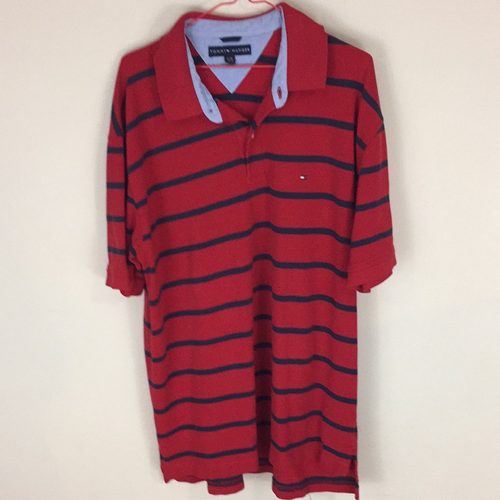 Tommy Hilfiger Red and Navy Striped Cotton Polo Shirt Size XL